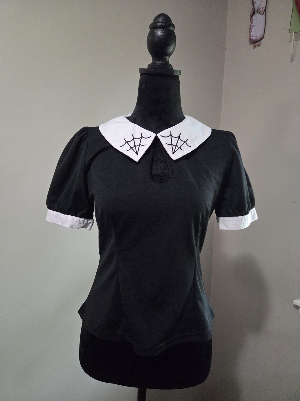 Black Puff Sleeve Blouse with White Spiderweb Embroidered Peter Pan Collar